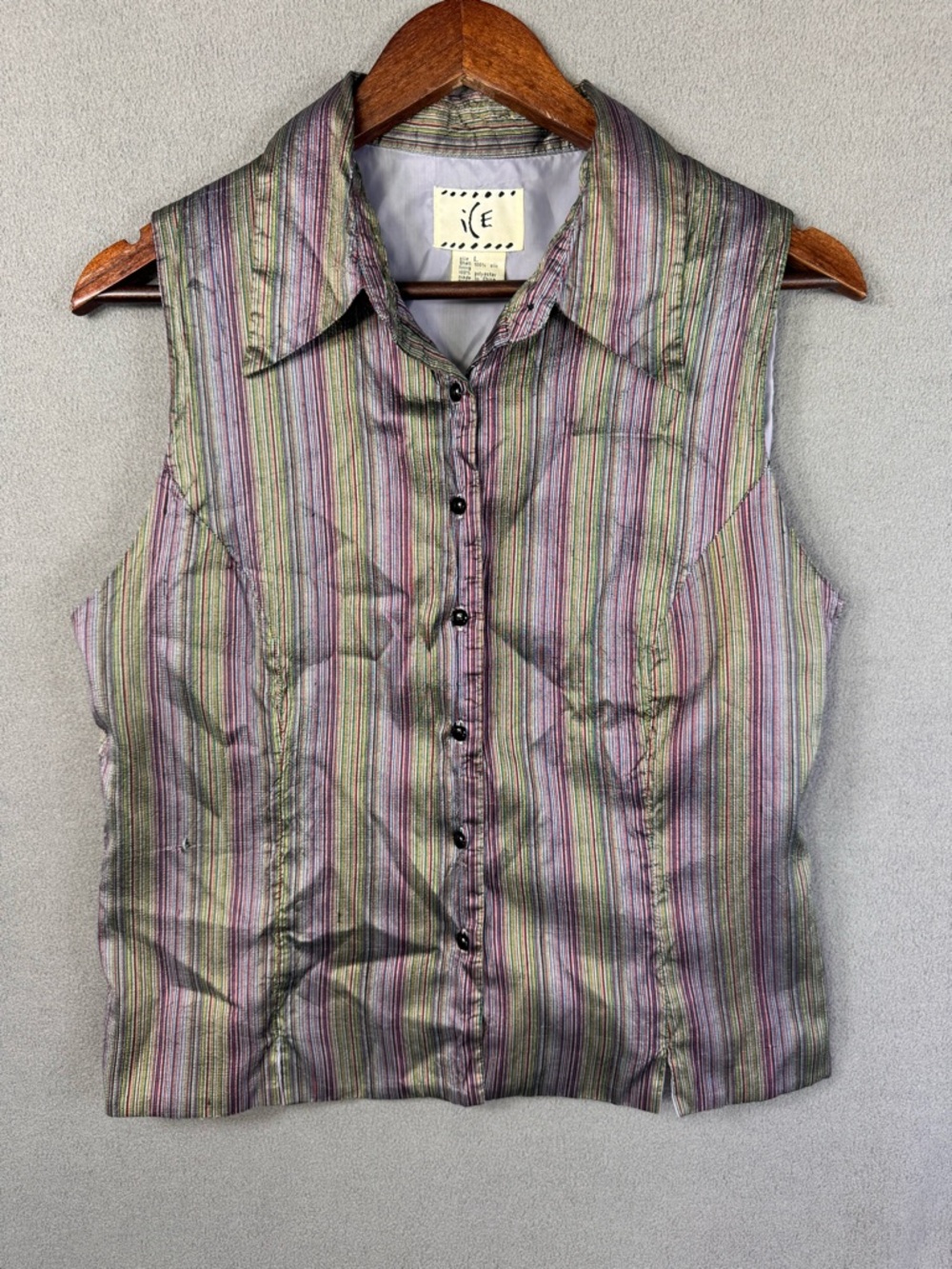 Vintage 90’s iCE Sleeveless Silk Button Up Collared Top, Green/Purple Stripes, L